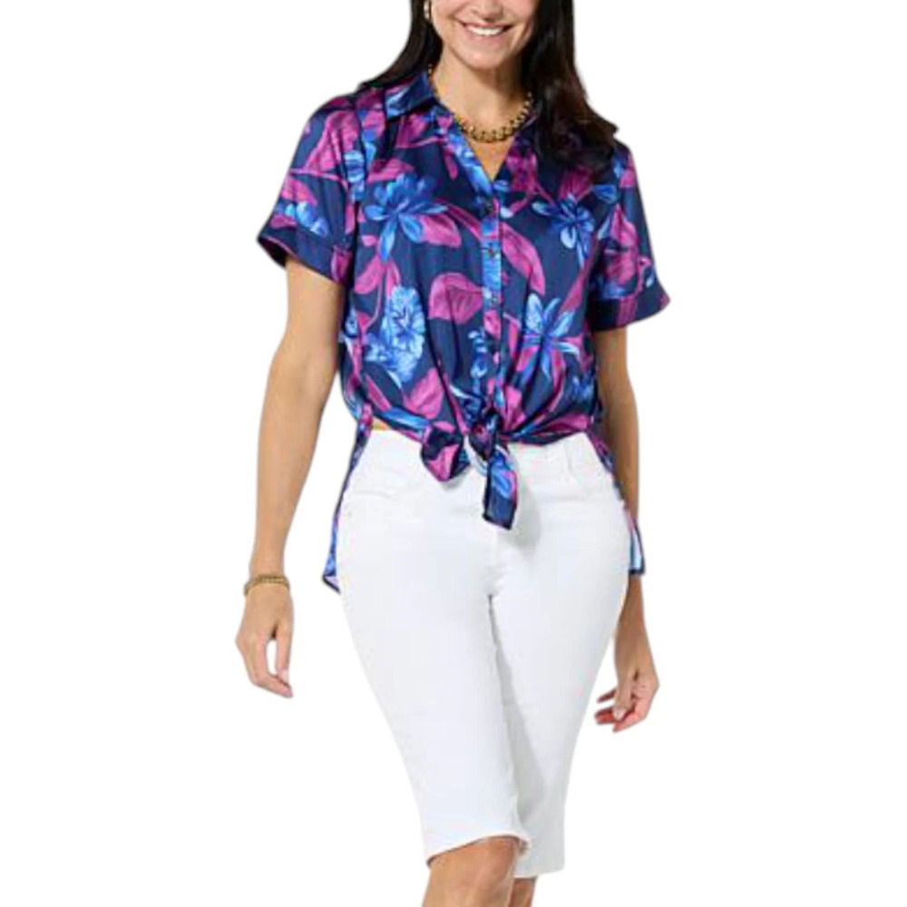 G by Giuliana Women's Printed Tie-Front Camp Shirt Navy - Regular